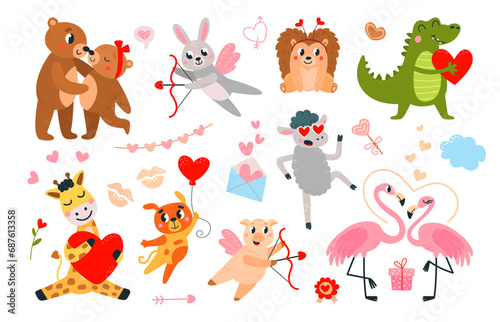 Valentines day funny animals. Cartoon animal in love with heart and arrow. Romantic wild characters, isolated children mascots classy vector set © LadadikArt