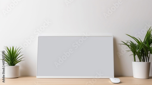 Computer Laptop on table with bokeh, desk blank work office mockup monitor