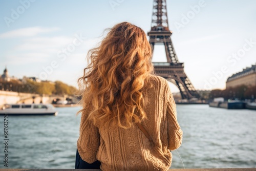 Young woman in Paris looking at the Eiffel Tower, France, Young traveler woman rear view sitting on the quay of Seine River looking at Eiffel Tower, AI Generated © Iftikhar alam