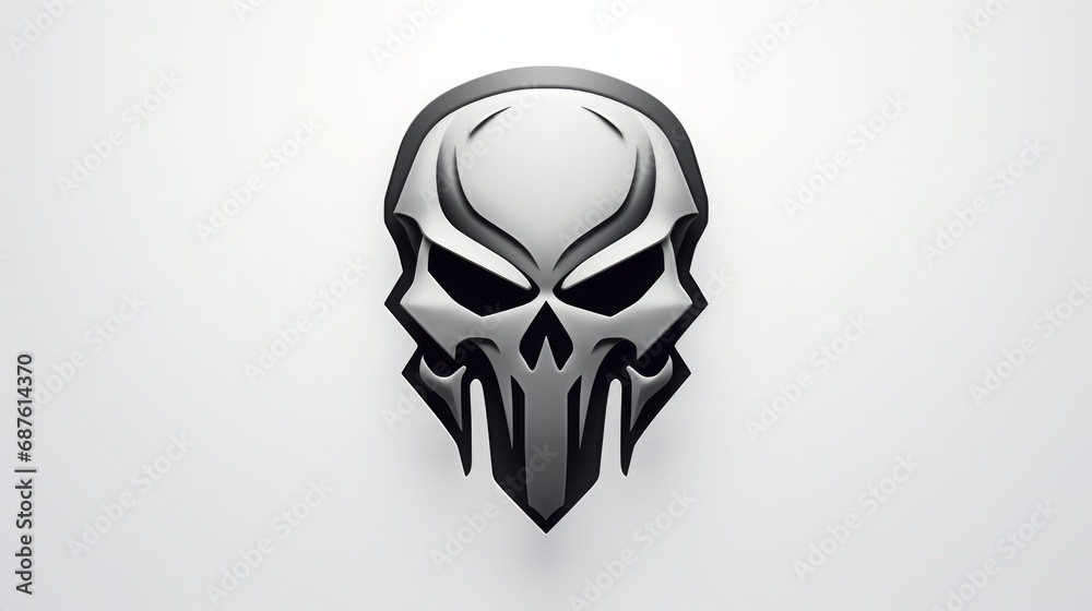modern and elegant black gray gradient skull logo, flat, 2d white/ grey background, 16:9, copy space