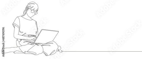 Line art woman writing and study with help laptop.line art drawing of a woman. Business concept. Beautiful woman sits on the floor and holding laptop isolated on a white background. Vector