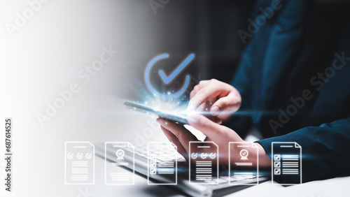 Quality management with Quality Assurance or QA and Quality Control or QC and improvement. Standardization and certification concept. Compliance to regulations and standards. Concept with manager.