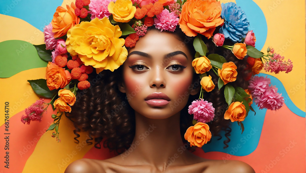 Beautiful girl with flowers. Stunning black girl with big bouquet flowers of roses. Closeup face of young beautiful woman with a healthy clean skin. Pretty woman with bright makeup
