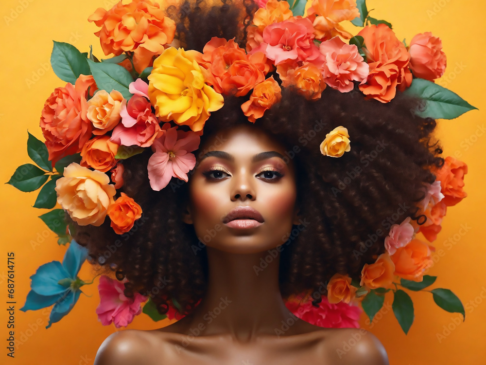 Portrait of gorgeous black women with flowers. Stunning girl with big bouquet flowers of roses. Closeup face of young beautiful woman with a healthy clean skin. Pretty woman with bright makeup