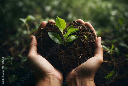 taking care of the environment, person holding a growing plant in a heart shaped hands, growing plant, heart shape, love