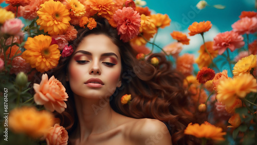 Beautiful girl with flowers. Stunning brunette girl with big bouquet flowers of roses. Closeup face of young beautiful woman with a healthy clean skin. Pretty woman with bright makeup © ArtistiKa