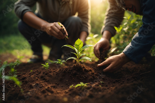 human hands hold crumbly soil in form of heart, from which young plant sprout grows. Concept for environment. Plant growing. Planting in spring. sprout of money tree in ground. photo