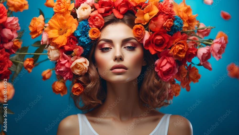 Beautiful girl with flowers. Stunning brunette girl with big bouquet flowers of roses. Closeup face of young beautiful woman with a healthy clean skin. Pretty woman with bright makeup