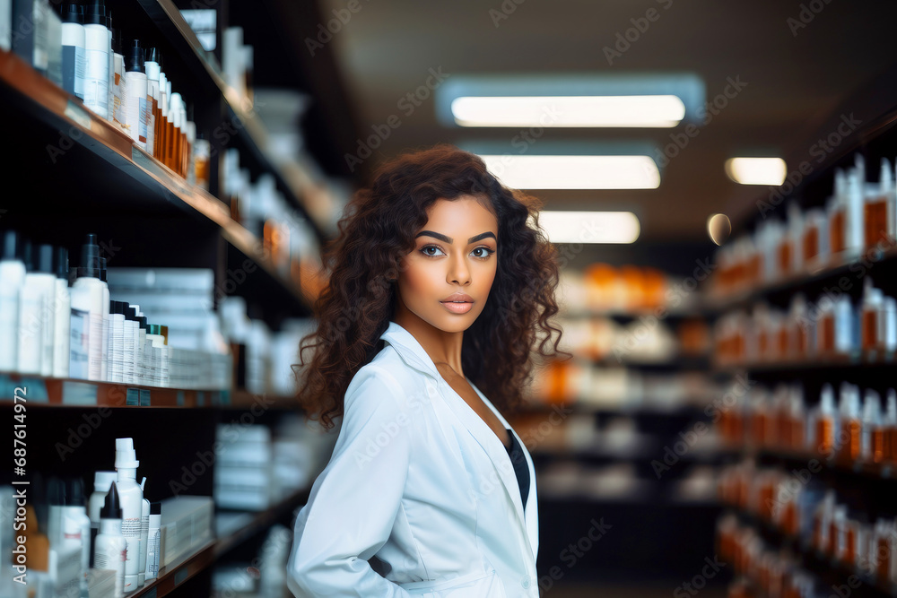 African American female pharmacist. Healthcare and medicine background. African American female pharmacist. Healthcare and medicine background.