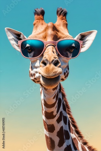 Funny giraffe in sunglasses  solid blue pastel background  commercial  editorial advertisement. Very funny portrait