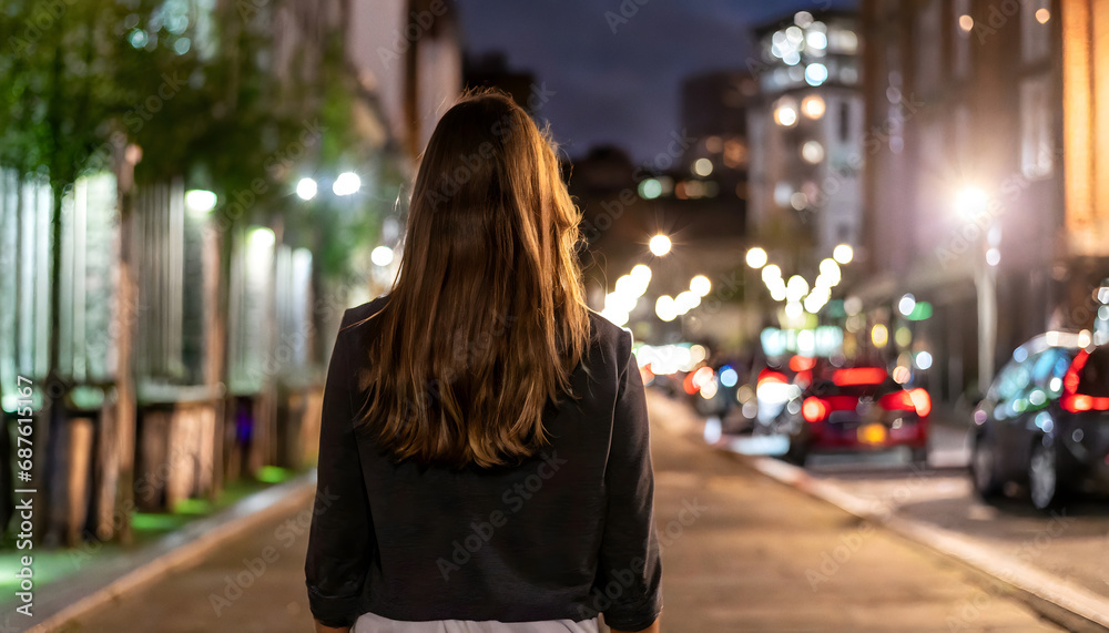 Young adult female standing in front of a night city landscape