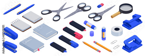 Isometric office school supplies. Isolated stationery collection. Notebooks, pencil and pen, eraser and scissor various rotate, pithy vector set