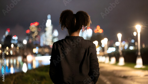 Young adult female standing in front of a night city landscape
