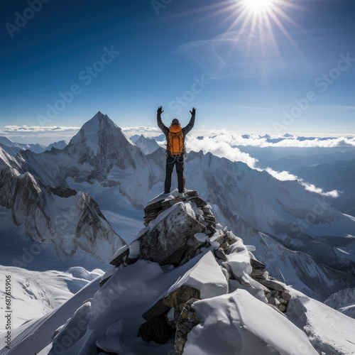 A man reaches on top of the mount, business and success concept