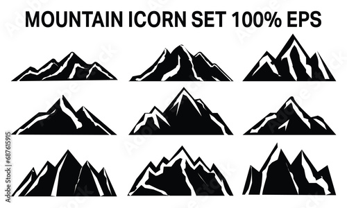 Set of mountains silhouette Icons vector. Vintage monochrome. Mountain peaks to create logos  badges and emblems.