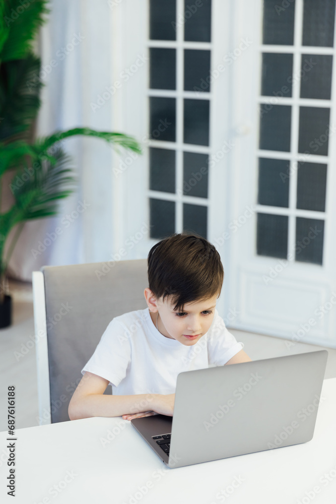 pupil education lessons boy schoolboy learns at the computer online school in the classroom homeschooling pupil education lessons boy schoolboy learns at the computer online school in the classroom homeschooling