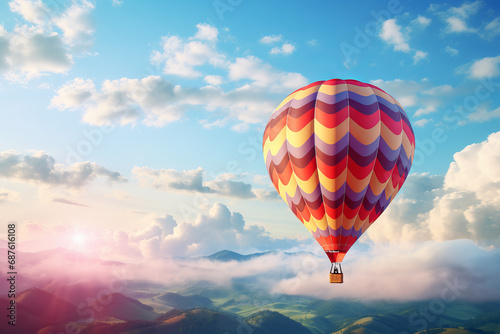 Hot air balloon in the sunset evening sky with clouds