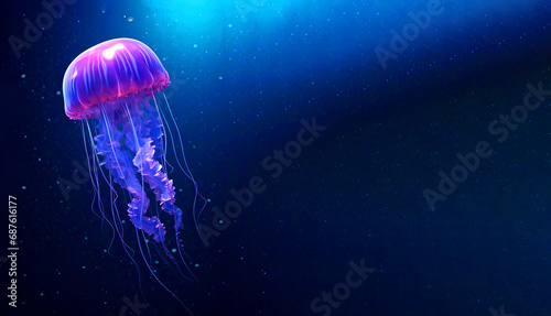 Concept of the underwater world. Beautiful purple glowing jellyfish at depth