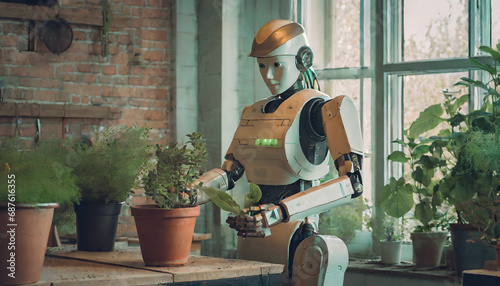 Humanoid robot tending to plants