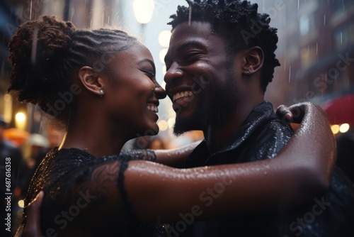 happiness romance love story african american marry love couple hand hug hold together dancing around on street outdoor in raining memorable moment romance and cheerful experience photo