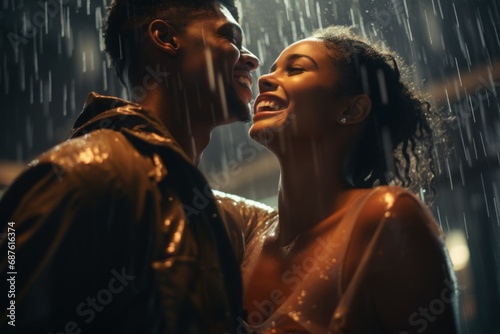 happiness romance love story african american marry love couple hand hug hold together dancing around on street outdoor in raining memorable moment romance and cheerful experience photo