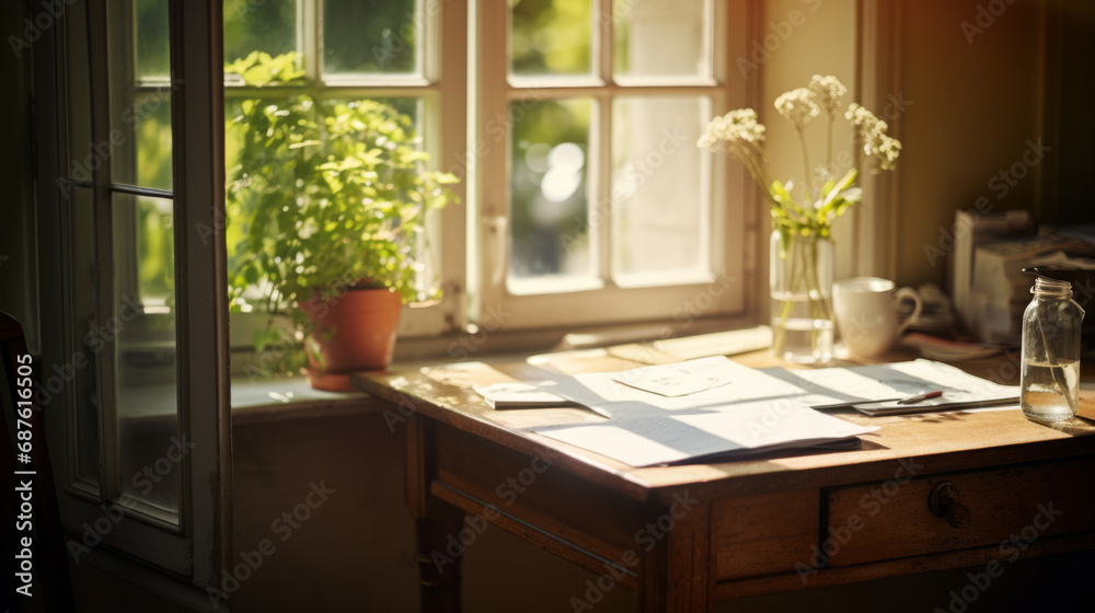 Fototapeta premium Minimalist lifestyle. Beautiful morning. Minimalistic interior, with a simple beautiful composition. Cozy workday styled photo. Spring or Summer
