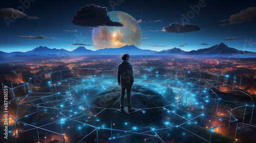 Person wearing VR glasses, linked to the metaverse. Integration into a digital reality of boundless possibilities