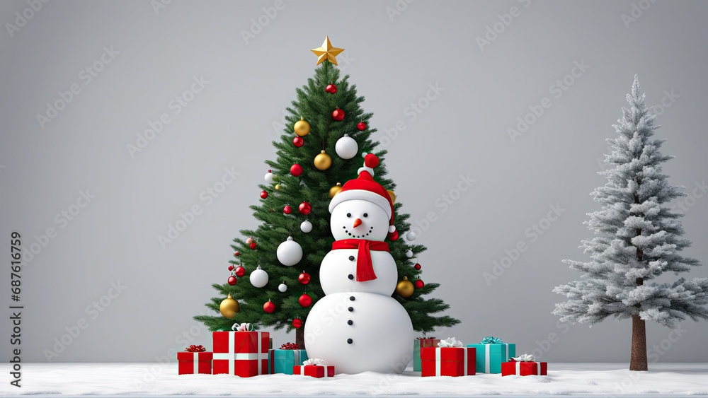 Snowman and Christmas Tree Celebrating with Presents