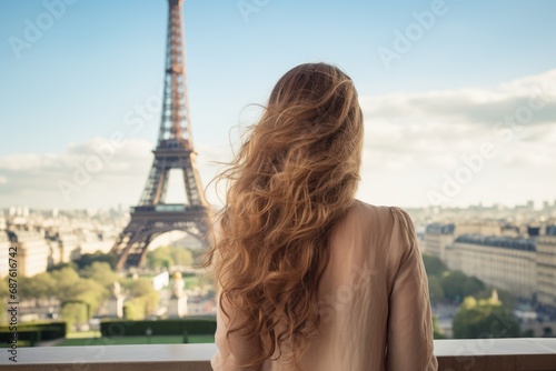 Beautiful young woman with long curly hair looking at Eiffel tower in Paris, France, AI Generated