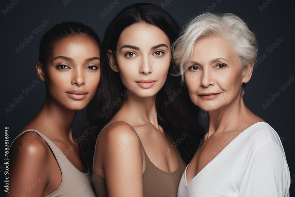 Obraz premium Multiethnic portrait of beautiful young women in studio. Concept beauty skin care