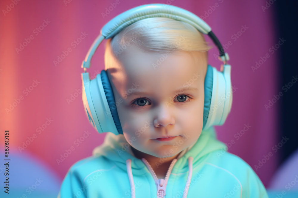 Happy child boy in headphone streamer playing video game with winner expression at gaming room, neon color Happy child boy in headphone streamer playing video game with winner expression at gaming room, neon color