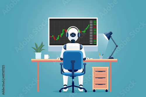 AI trading bots analyze stock market data and make trades.Concept of Cryptocurrency,securities,forex trading with artificial intelligence. AI trader robot use computer to make investments. 
