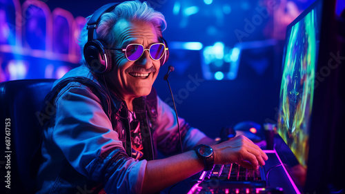 Happy elder man in headphone streamer playing video game with winner expression at gaming room, neon color photo