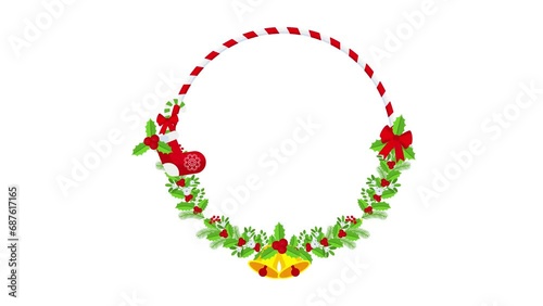 Christmas wreath 2D Animation. Round floral frame with decoration