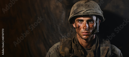 Portrait of Young Israeli male soldier, looking at camera. Wide background with copyspace photo