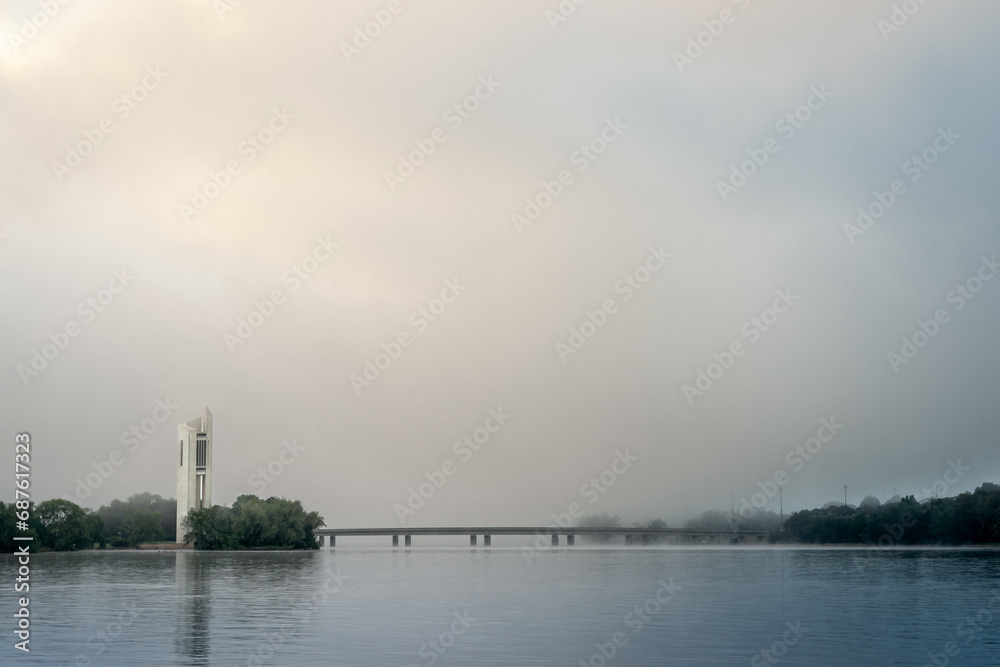 National Carillon, Located on Queen Elizabeth II Island, Lake Burley Griffin on misty erie morning