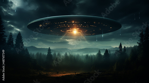 UFO, an alien saucer hovering above the field in the clouds