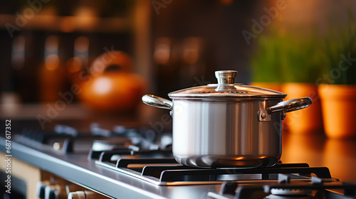 pot on gas stove, stainless pan on the hob, cooking on a gas stove, the cost of gas in Europe photo