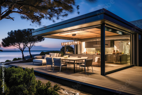 Coastal living in this seaside prefabricated house, where an outdoor dining area seamlessly blends into the night sky.