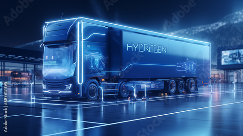 Futuristic hydrogen fuel cell truck at night