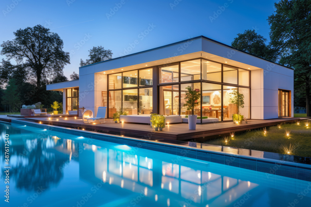 Fototapeta premium Modern house design and expansive windows blur the lines between interior and exterior spaces. Stunning prefabricated house featuring an integrated swimming pool.