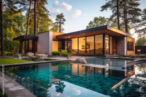 Modern house design and expansive windows blur the lines between interior and exterior spaces. Stunning prefabricated house featuring an integrated swimming pool. photo