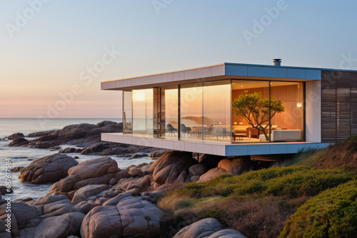 Coastal living in this stunning prefab house, where expansive windows frame breathtaking ocean views. © Microgen