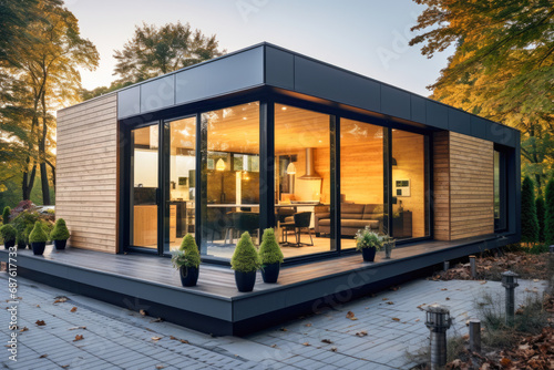 Modern prefabricated house that seamlessly blends into an urban setting, offering a stylish and sustainable living solution. photo
