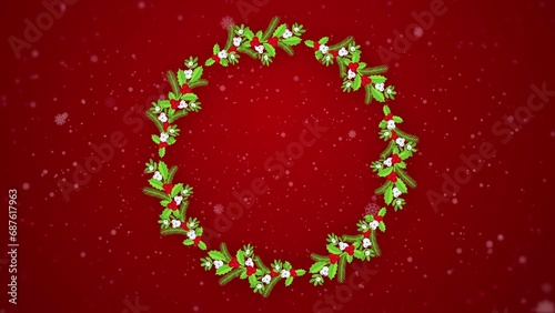 Christmas wreath 2D Animation. Round floral frame with decoration