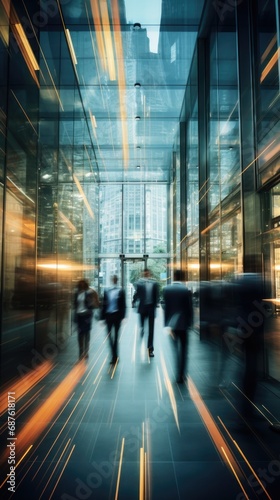 long exposure shot of a crowd of business people walking in a bright office lobby, fast-moving with blurriness. Generative AI