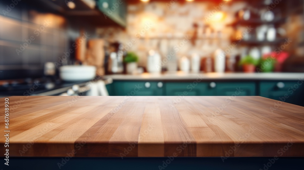  kitchen workplace with empty wooden table top in front , starurated color 