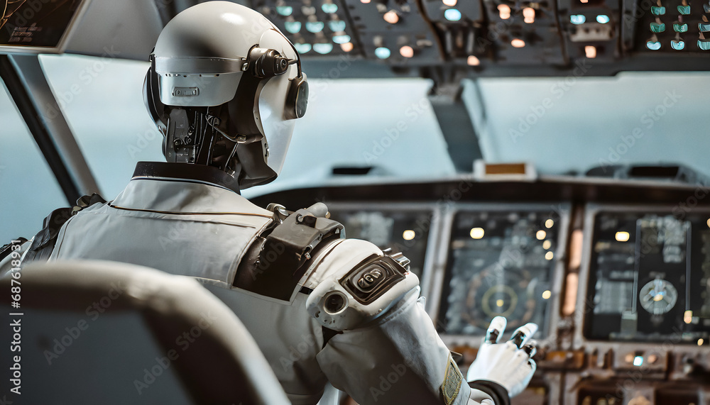Fototapeta premium Humanoid robot in plane cockpit
