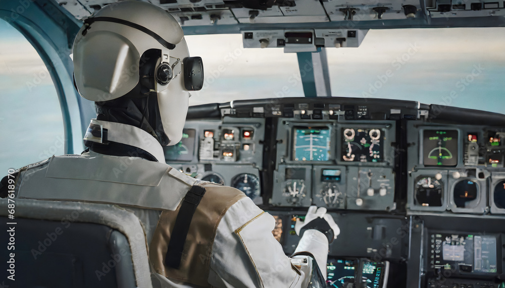 Humanoid robot in plane cockpit Humanoid robot in plane cockpit