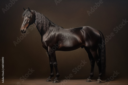 Majestic black horse stands proudly against a dark background.